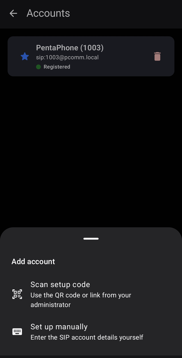 Account list with a registered account and the add-account sheet offering QR scan or manual setup