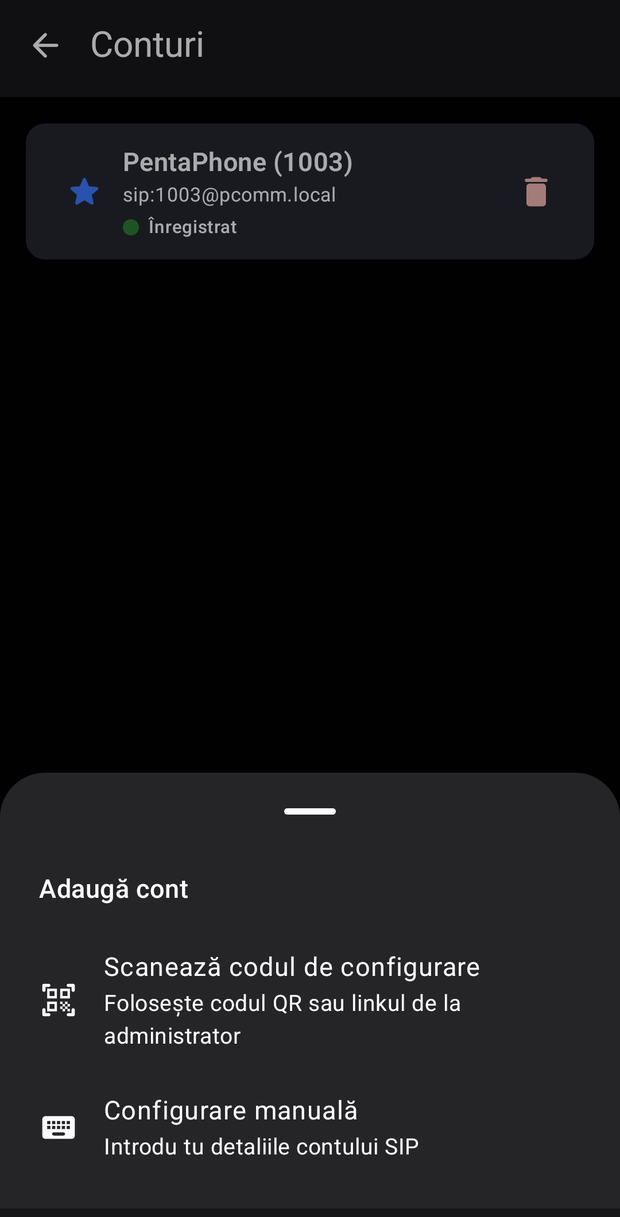 Lista de conturi cu un cont înregistrat și panoul de adăugare prin cod QR sau manual