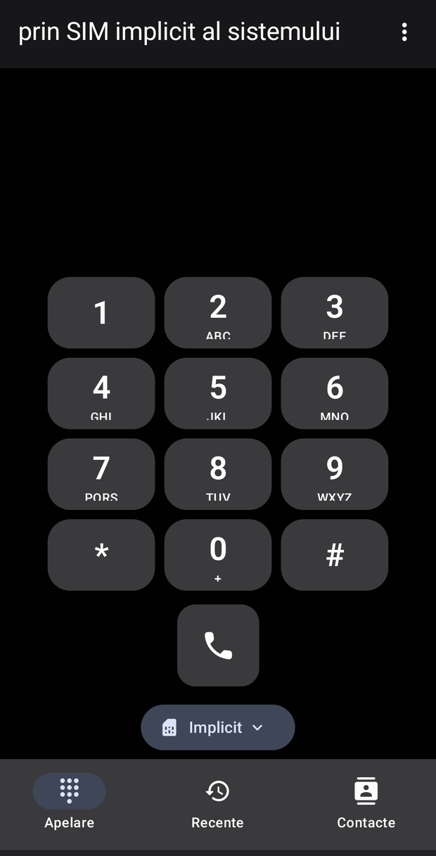 PentaPhone ca dialer implicit al telefonului, cu tab-urile Apelare, Recente și Contacte