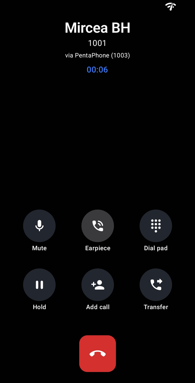 Connected call, with mute, earpiece, dial pad, hold, add call and transfer controls