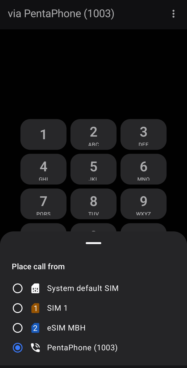 The “Place call from” selector listing SIM 1, eSIM and the PentaPhone account