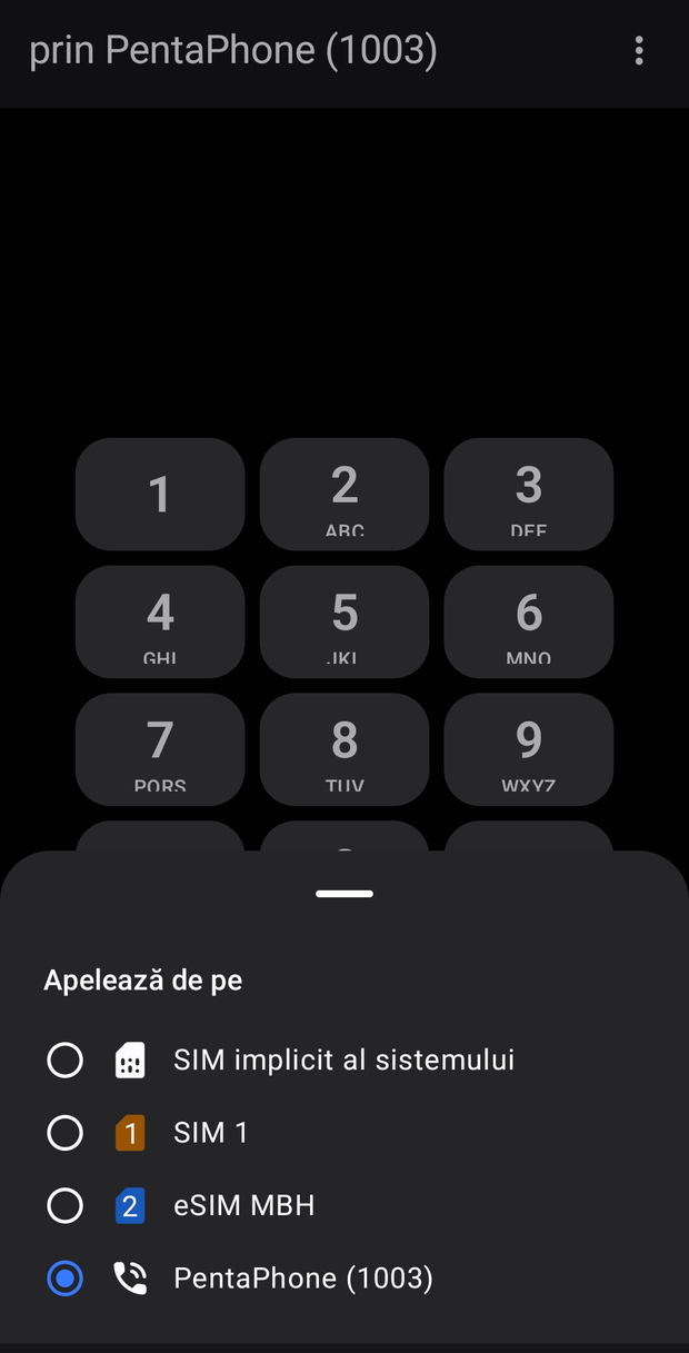 Selectorul „Apelează de pe” cu SIM 1, eSIM și contul PentaPhone