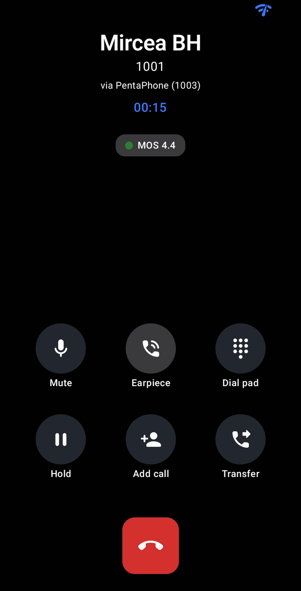 Active call showing the MOS 4.4 call-quality badge on screen