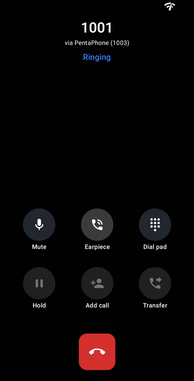 Outgoing call to 1001 over the PentaPhone account, in the “Ringing” state