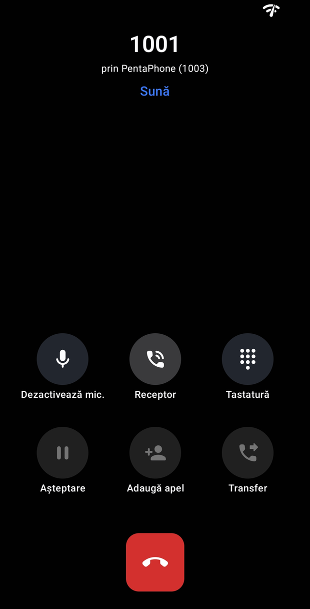 Apel ieșit către 1001 prin contul PentaPhone, în starea „Sună”