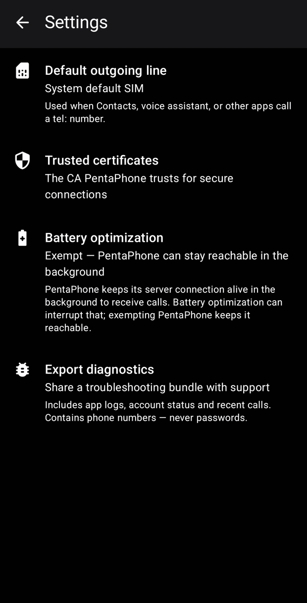 The PentaPhone settings screen: default line, trusted certificates, battery optimization and diagnostics export