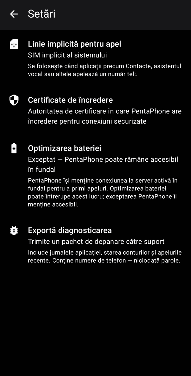 Ecranul de setări PentaPhone: linie implicită, certificate de încredere, optimizarea bateriei și export de diagnostic